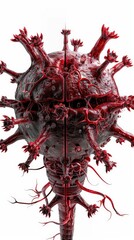 A detailed depiction of a virus structure showcasing intricate designs and vivid red color, ideal for scientific and educational purposes.