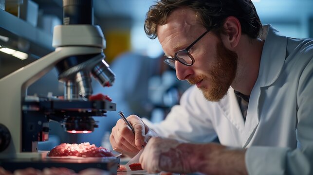 Male Microbiologist Looking at a LabGrown Cultured Vegan Meat Sample in a Microscope Medical Scientist Working on PlantBased Beef Substitute for Vegetarians in a Modern Food Science La : Generative AI