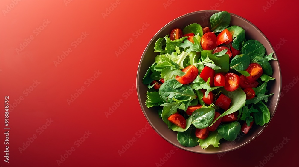 Poster vegetarian green salad on trendy red background with hard shadow green bowl with vegetables and tofu