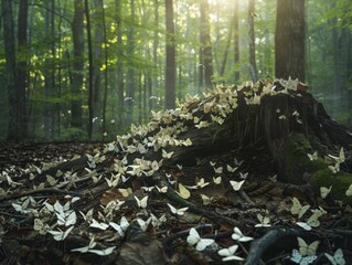 Obraz premium A large pile of butterflies is on a tree stump