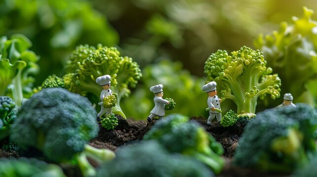 Fresh broccoli and miniature chefs Fresh greens and miniature people with business concept : Generative AI