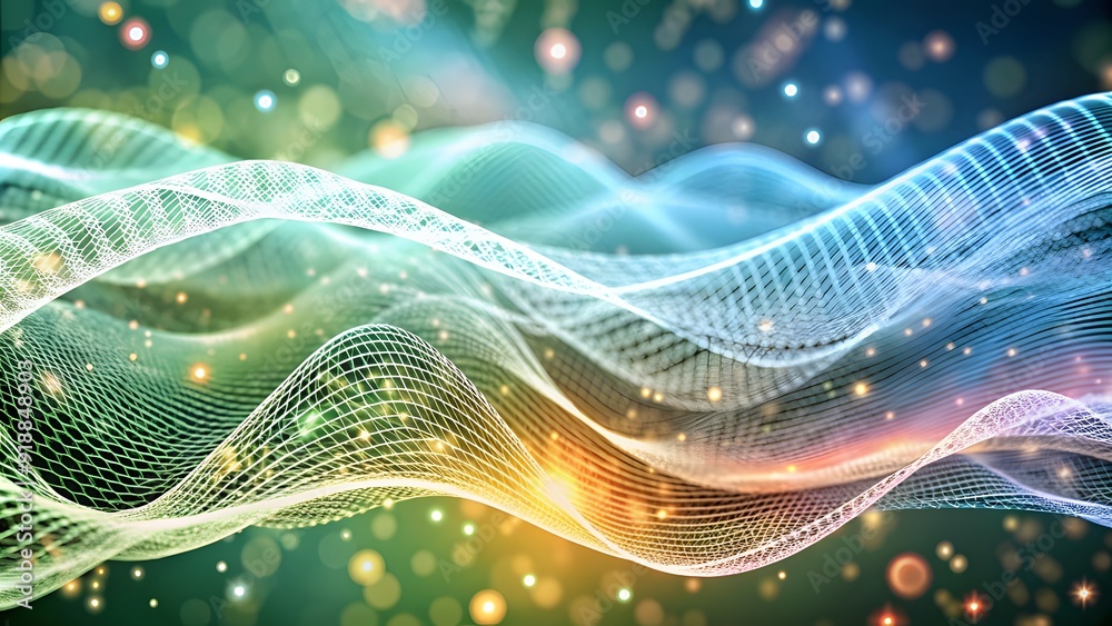 Poster Abstract digital wave of particles. Futuristic point wave. Technology background. Wave with moving dots and lines. Particle flow
