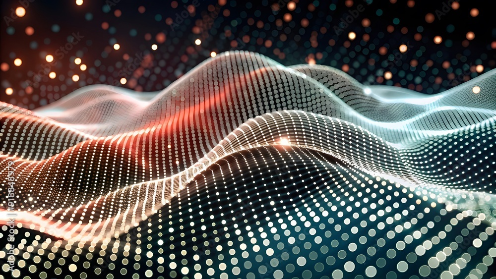 Poster Abstract digital wave of particles. Futuristic point wave. Technology background. Wave with moving dots and lines. Particle flow