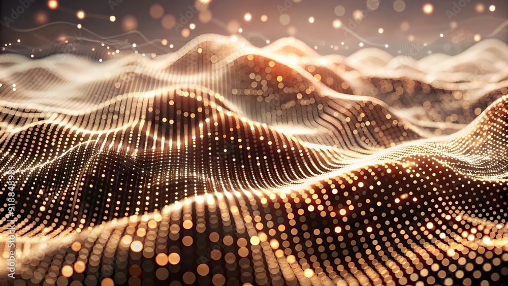 Poster Abstract digital wave of particles. Futuristic point wave. Technology background. Wave with moving dots and lines. Particle flow