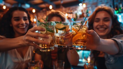 Group of happy people enjoying cocktail party sitting at bar restaurant  Happy friends toasting gin tonic and mojitos together  Food and beverage life style concept : Generative AI