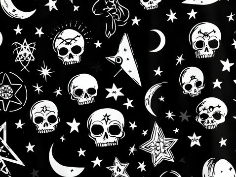 A black and white pattern of skulls and stars on a black background