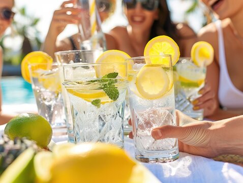 A group of people are enjoying drinks with lemon slices in them