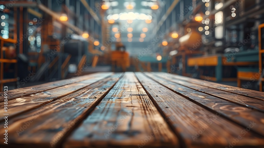 Poster The empty wooden table top with blur background of factory Exuberant image : Generative AI