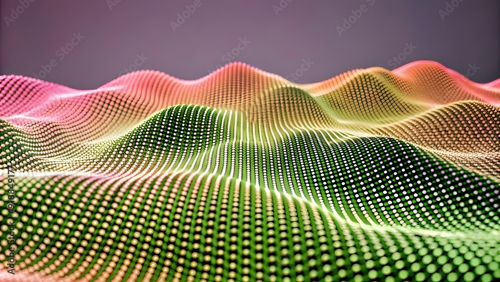 Poster Abstract digital wave of particles. Futuristic point wave. Technology background. Wave with moving dots and lines. Particle flow
