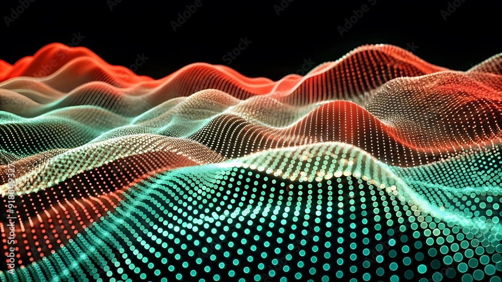 Poster Abstract digital wave of particles. Futuristic point wave. Technology background. Wave with moving dots and lines. Particle flow