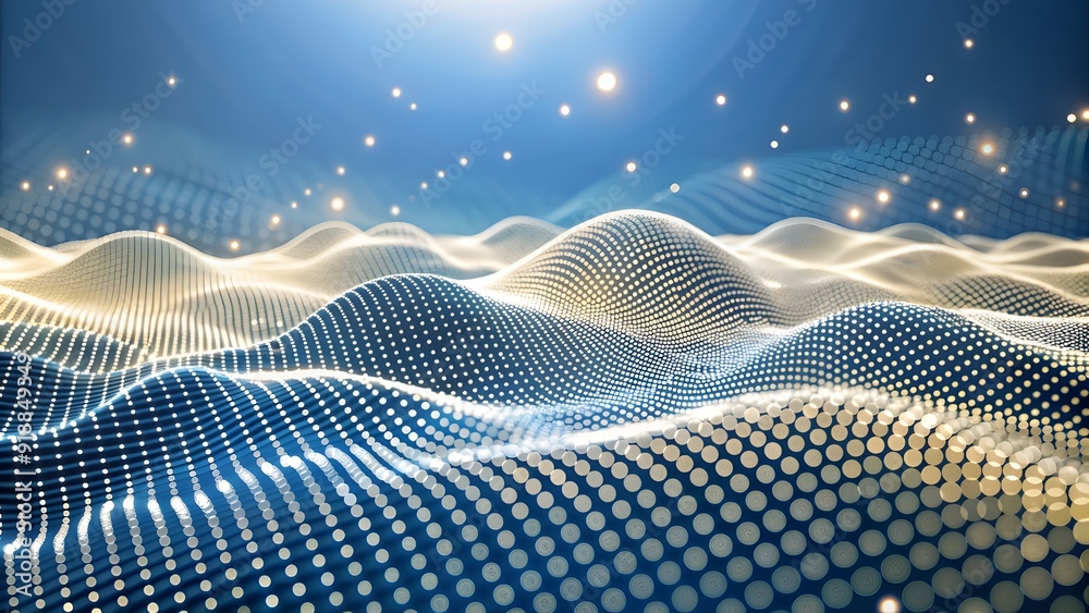 Poster Abstract digital wave of particles. Futuristic point wave. Technology background. Wave with moving dots and lines. Particle flow