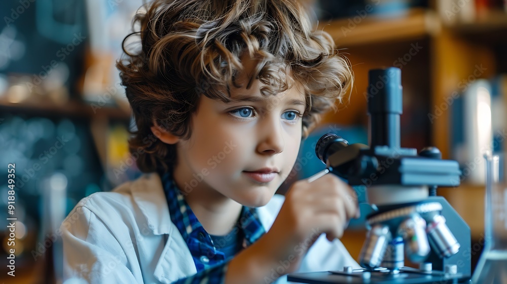 Aufkleber Composition of boy using microscope in science class with blue blurred copy space to right education and science research concept digitally generated image : Generative AI
