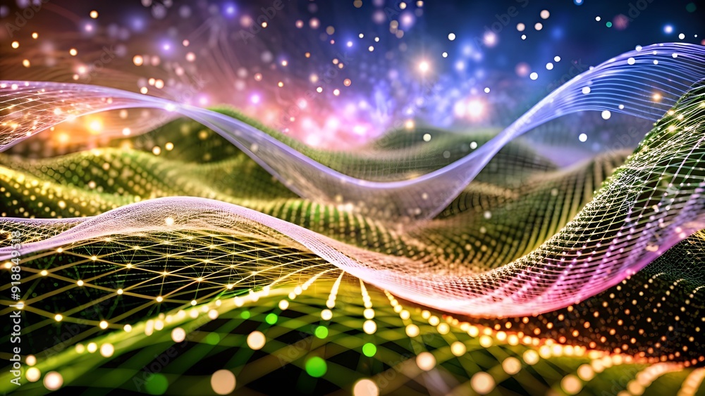 Poster Abstract digital wave of particles. Futuristic point wave. Technology background. Wave with moving dots and lines. Particle flow