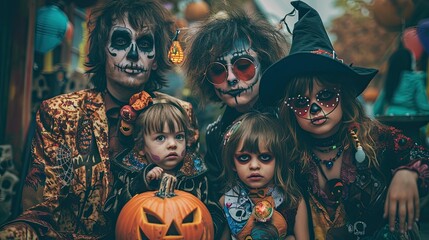 Classic Halloween family portrait with parents and children dressed in 1970s disco, punk rocker, and classic movie monster costumes.