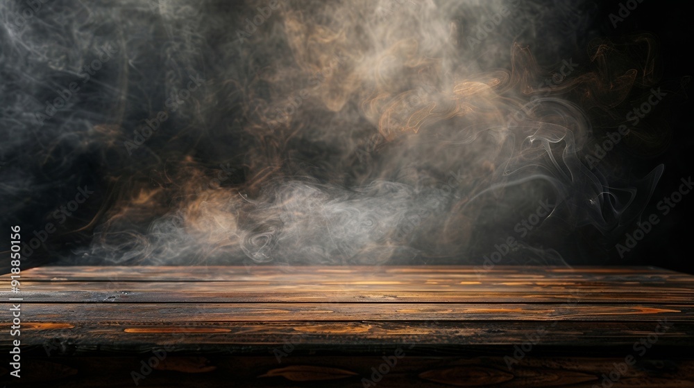 Aufkleber On a black background an empty wooden table with smoke floats up Empty space for displaying your products with a smoke float up on a dark background Space available for displaying your : Generative AI