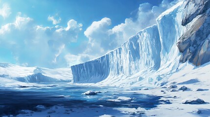 The edge of a glacier, where the immense ice mass meets the surrounding landscape.