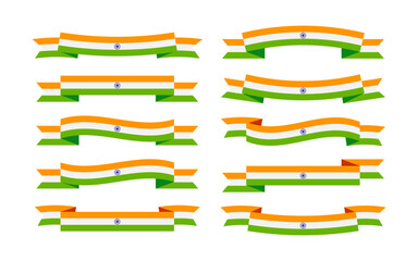 Set of Indian flag ribbons collection. India flag ribbon vector illustration on a white background. Indian flag ribbon with Ashoka chakra. Happy Independence Day typography set, elements, decoration.