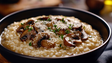 A bowl of mushroom risotto with cheese and parsley. The dish is served in a black bowl and is topped with cheese and parsley