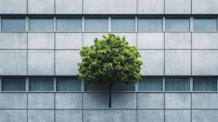 A typical office building surrounded by lush green trees, creating a pleasant contrast between the modern architectural structure and the natural environment. 