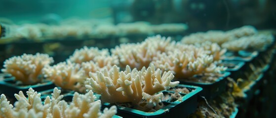 A bunch of white coral plants are in a green container
