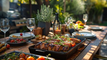 Fototapeta premium Dining table with Gourmet meal prepared on grill : Generative AI