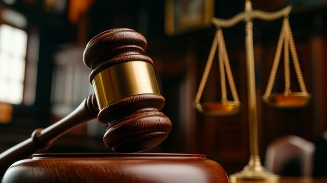 A judge's gavel on top of a wooden table next to a scale of justice
