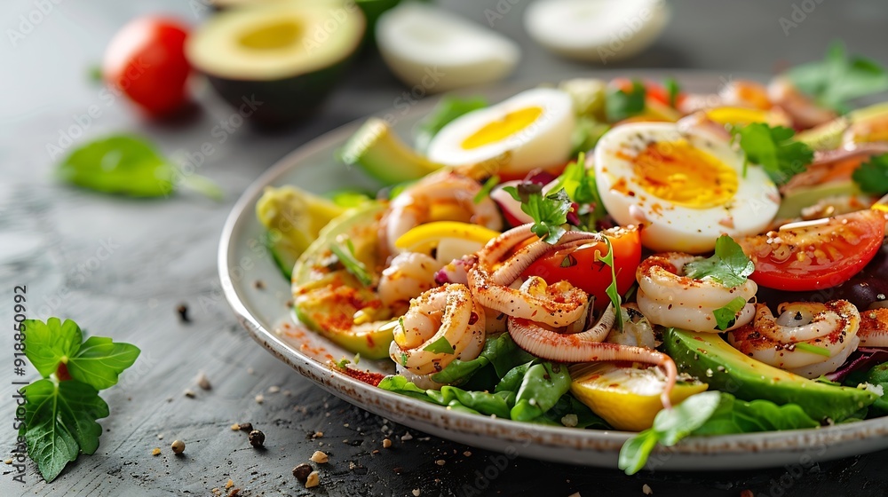 Poster Healthy salad with squid and avocado on white plate with harsh shadows Calamari salad with vegetables and eggs on white background with shadows of leaves Summer food menu : Generative AI