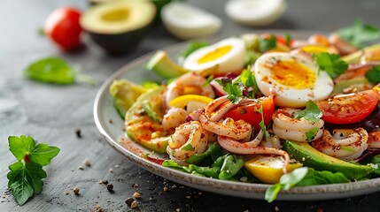 Healthy salad with squid and avocado on white plate with harsh shadows Calamari salad with vegetables and eggs on white background with shadows of leaves Summer food menu : Generative AI