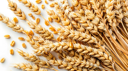 bundle of wheat spikes isolated on a white background, highlighting the golden color and texture of the ears of wheat, symbolizing agriculture and harvest