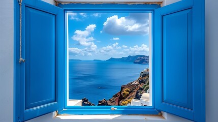 View from an open window with blue shutters of the Aegean sea caldera coastline and whitewashed...