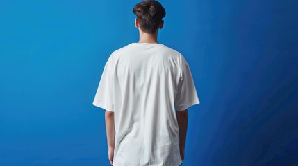 A man stands in front of a bright blue background, looking straight ahead