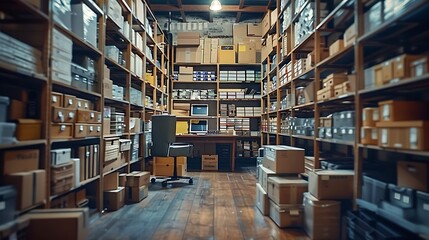 Obraz premium Empty storage room with office desk and shelves warehouse filled with boxes of retail products Order management and quality control space for stock merchandise small business : Generative AI