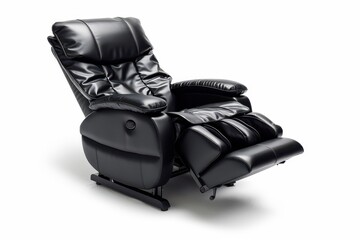 Naklejka premium Black leather armchair with massage and foot rest on white background
