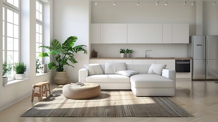 Beautiful studio apartment which has living room kitchen and same area with blank wall Home products background Backdrop Indoors Interior : Generative AI