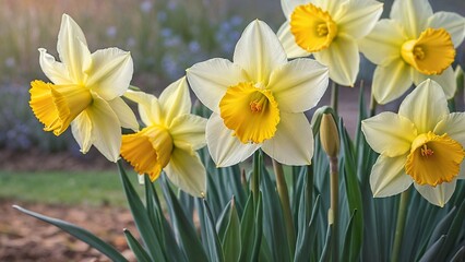 Obraz premium Yellow daffodils in the garden on a sunny spring day