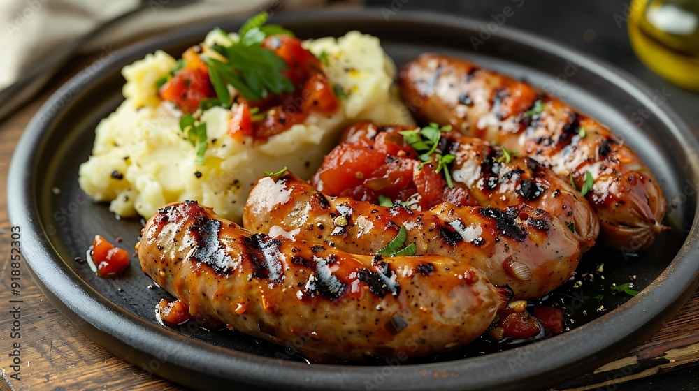 Poster devilled sausages with mashed potato spiced tomato and apple sauce : generative ai