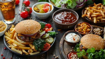 Table full of delicious food in plates top view Fries soup salad burger sauces and drinks on festive dinner for event celebration Nourishing food menu of restaurant beautiful serving f : Generative AI