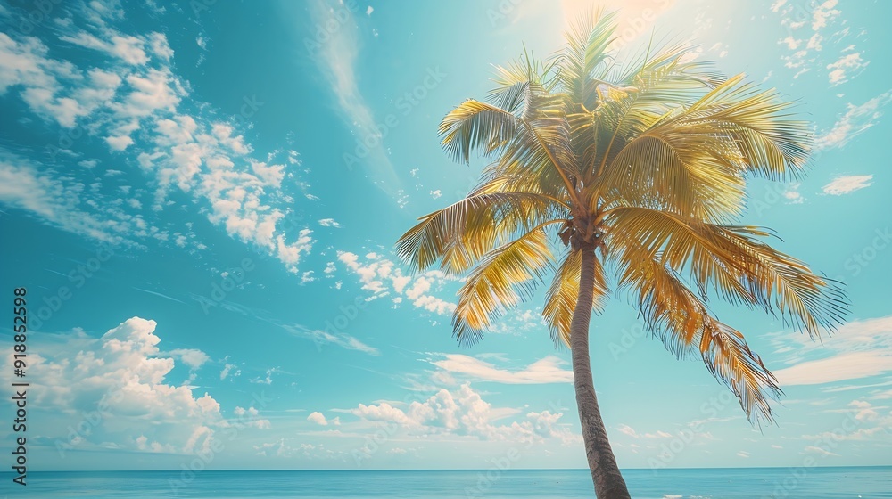 Poster palm tree on tropical beach with blue sky and white clouds abstract background copy space of summer 