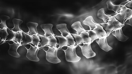 Fototapeta premium Detailed black and white image of a human spine x-ray, showcasing vertebrae and spinal structure. Medical, anatomy, healthcare concept.
