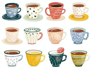 Set of various cup of tea simple illustration. AI generated