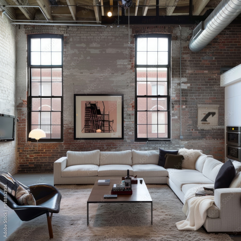 Wall mural Modern living room with exposed brick walls and large windows.