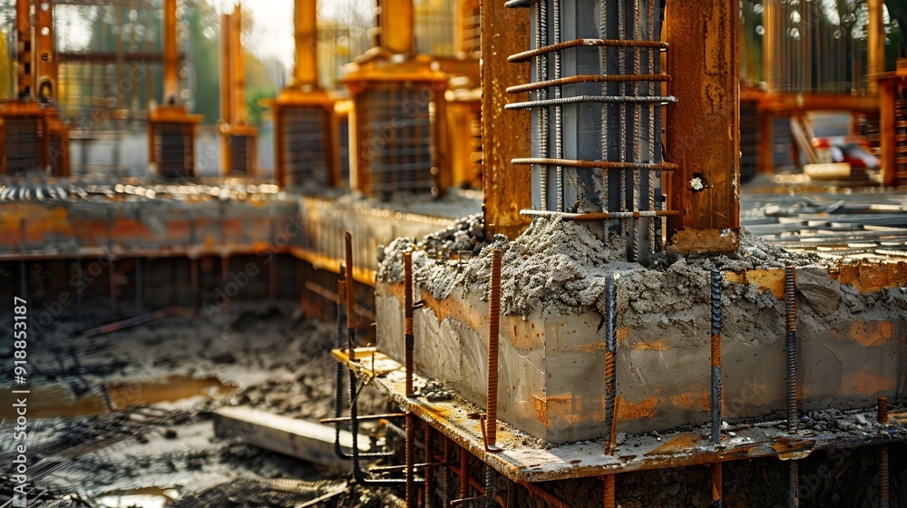Poster large reinforced concrete structures at the construction site preparation for the installation of re