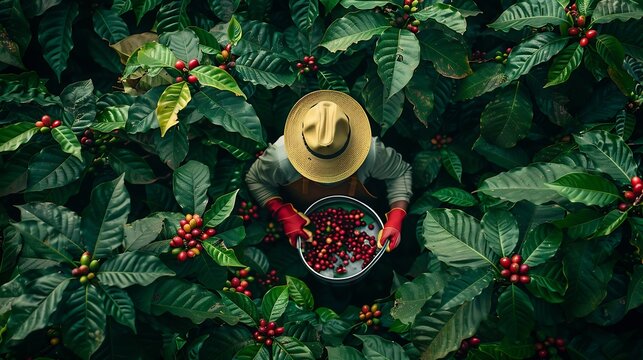 From above of crop anonymous worker in gloves and with bucket picking ripe red berries while harvesting on coffee plantation in Quindio region in Colombia : Generative AI