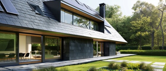 Obraz premium A large house with a black roof and a black stone exterior