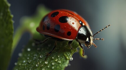 Fototapeta premium ladybug on green leaf macro close up insect in the nature