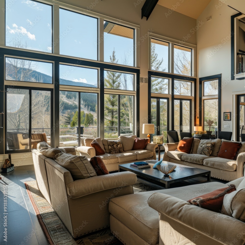 Poster Modern living room with large windows overlooking a mountain view.