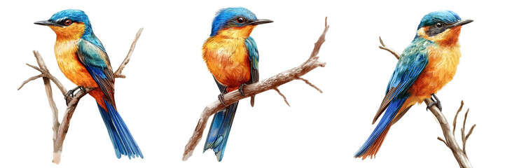 Fototapeta premium Set of A striking bird with vibrant plumage sitting on a branch adorned with green leaves isolated on transparent background