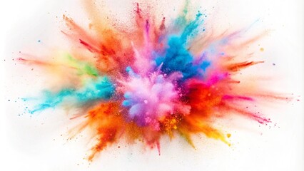 Fototapeta premium Vibrant explosion of colored powder bursts against a clean white background, creating a dynamic and lively visual effect