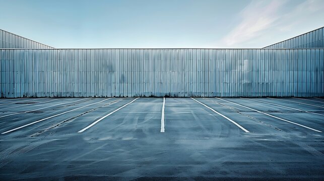 Large empty parking lot bordered by long aluminum clad walls Background and texture Copy space : Generative AI