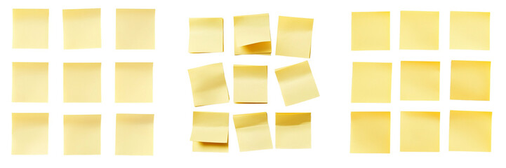Set of A vibrant arrangement of colorful sticky notes in various shapes and sizes, neatly organized isolated on transparent background